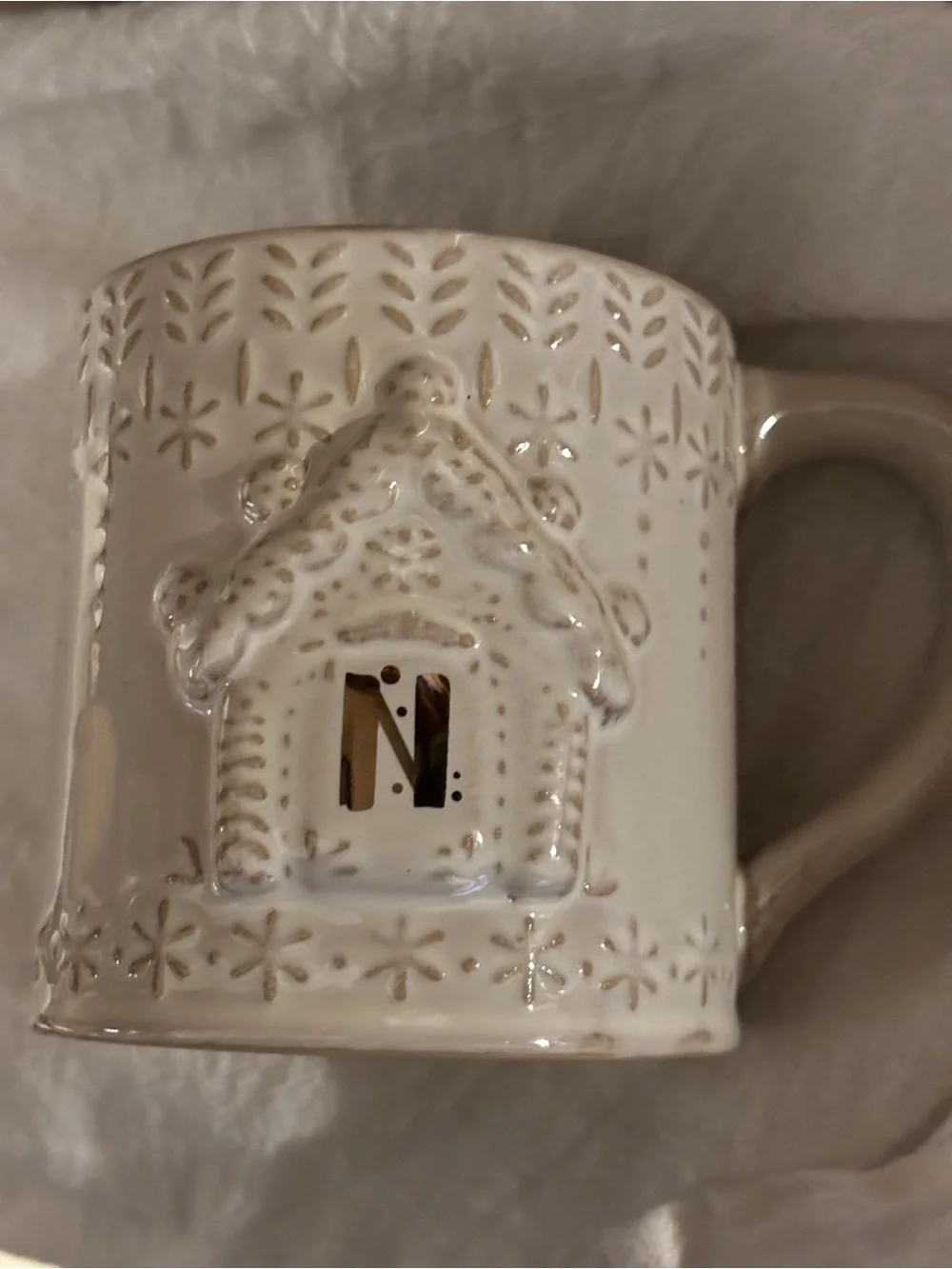Anthropologie Christmas Coffee Cup Mug N Monogram WinterHouse Snowflake Embossed